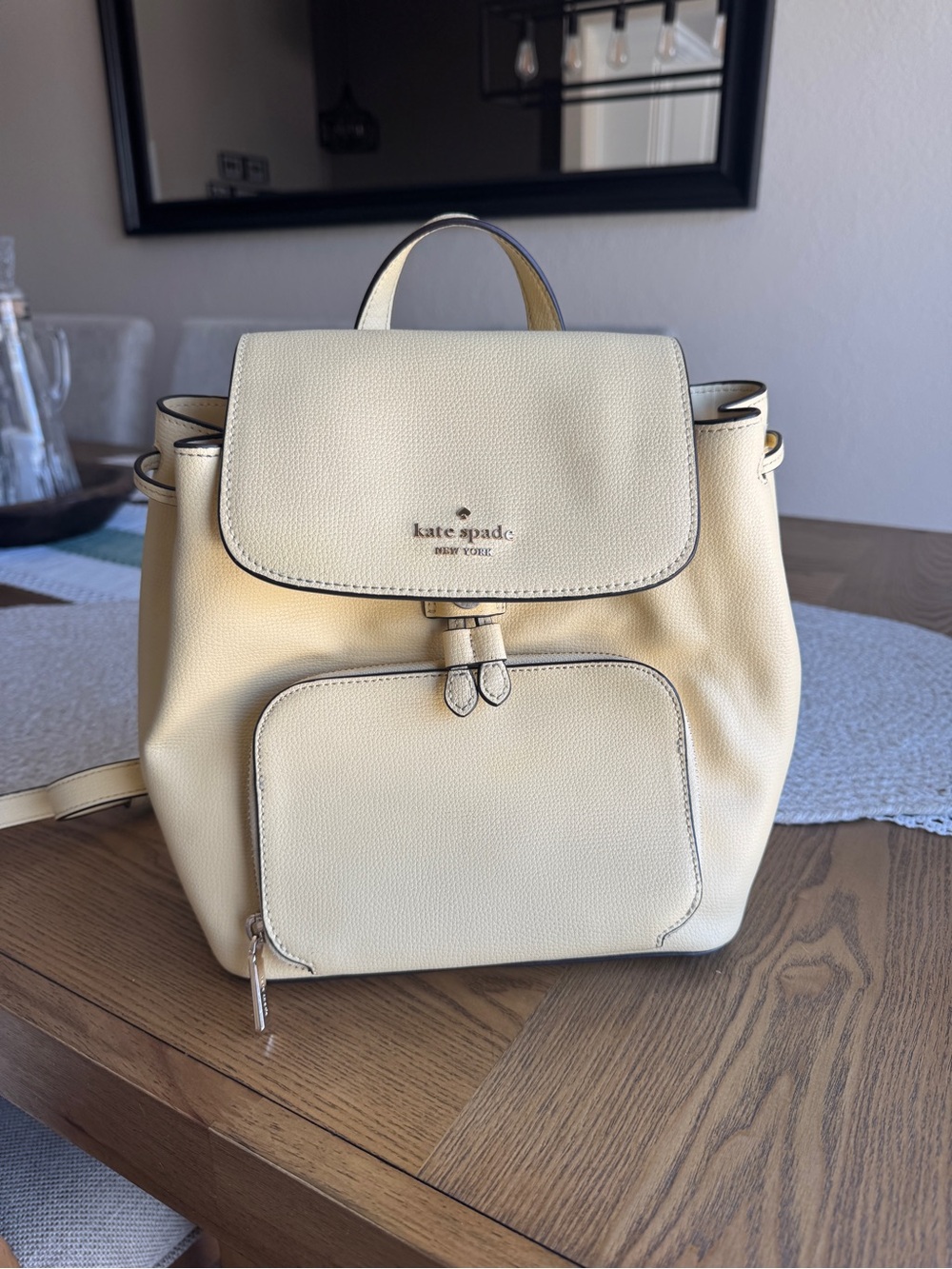 Kate Spade Cream/Yellow Pebbled Leather Backpack Purse W/ Front Zip Pocket